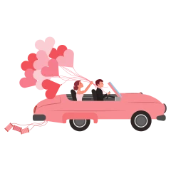 Bride and groom in a car